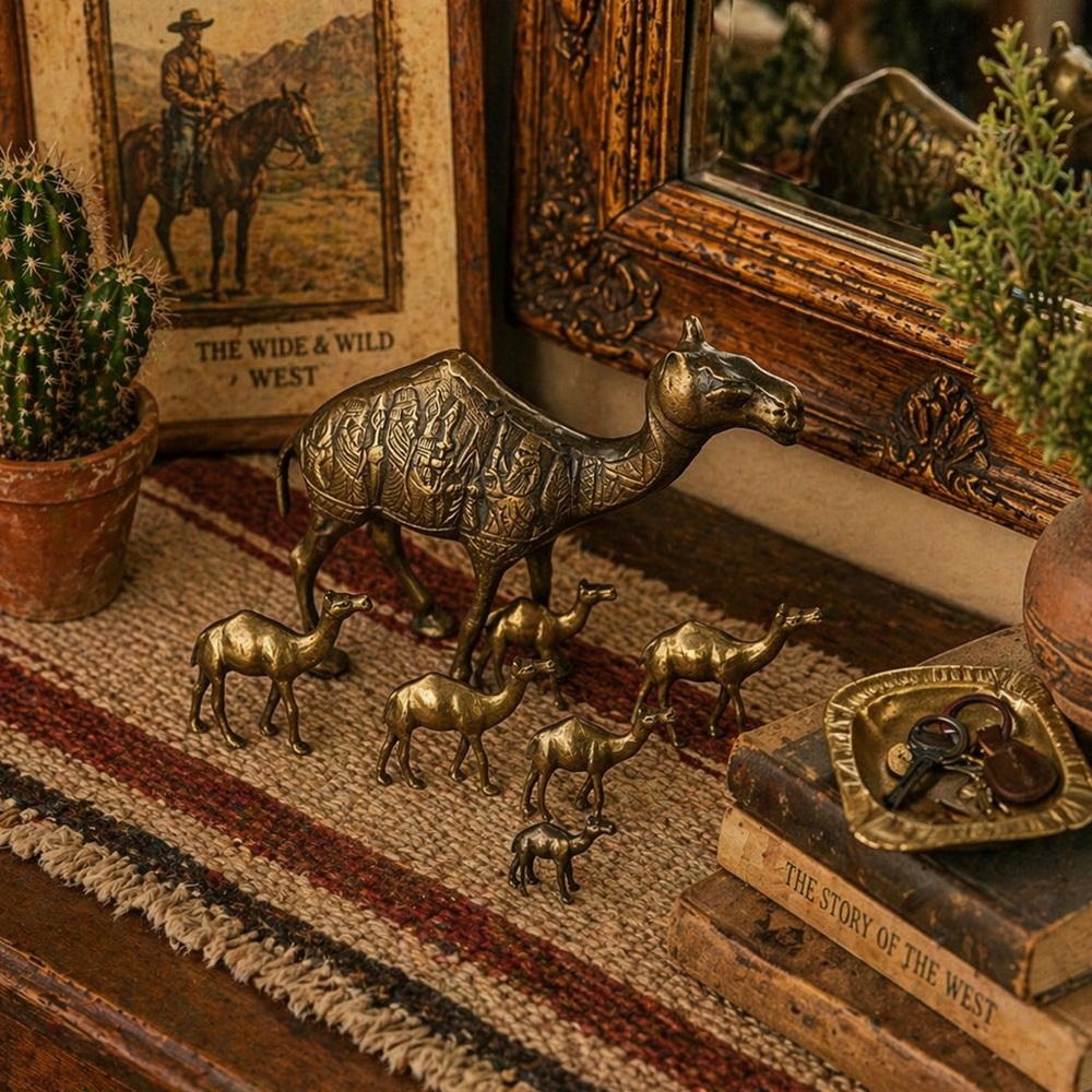 Set of 8 Vintage Brass Carved Camels